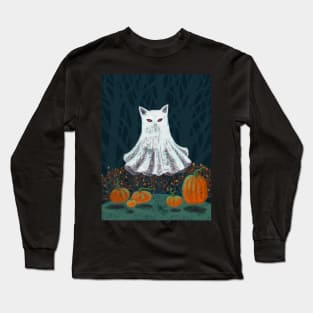 Spooky Ghost Cat in a Pumpkin Patch Long Sleeve T-Shirt